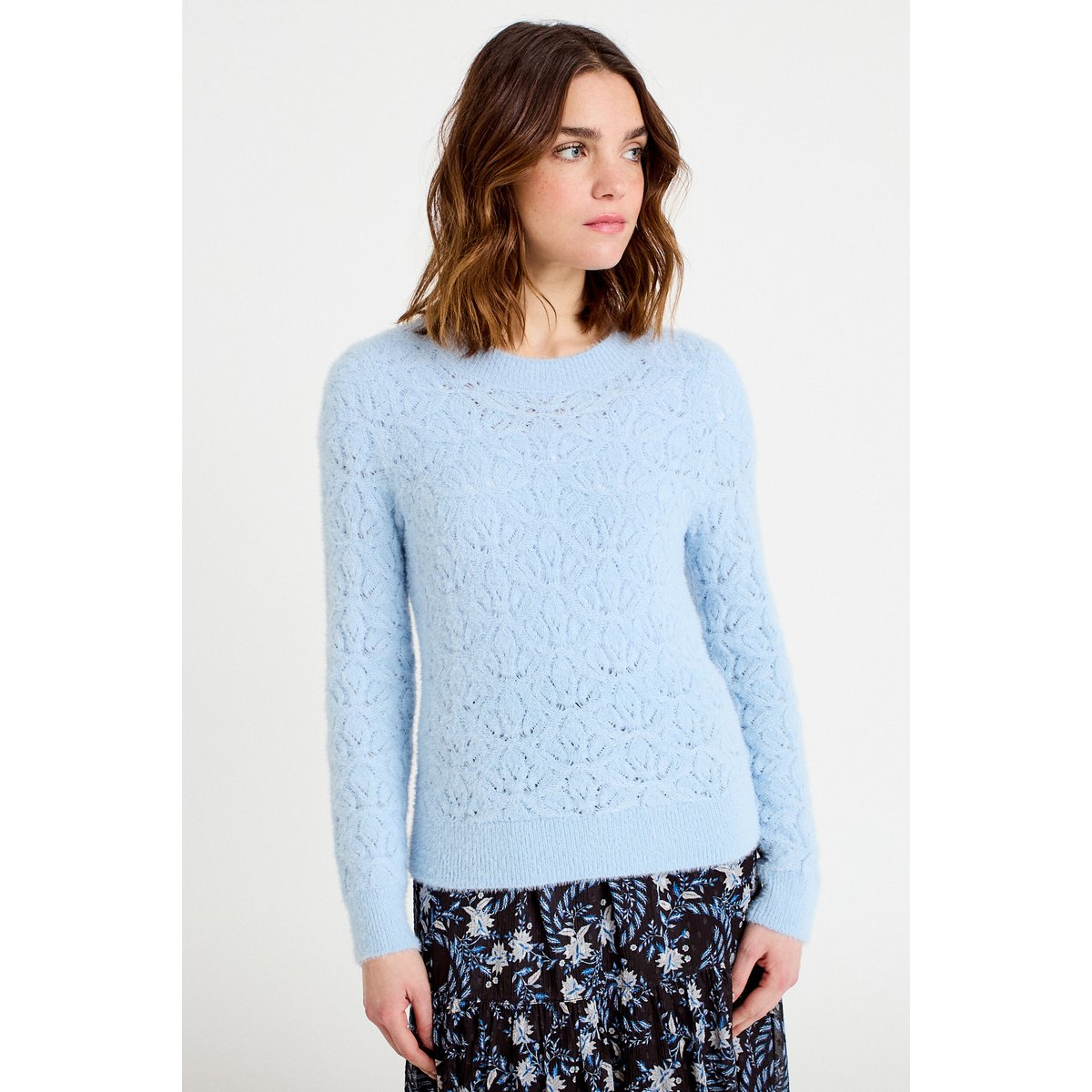 Pull ajouré col rond manches longues bleu clair, CACHE CACHE