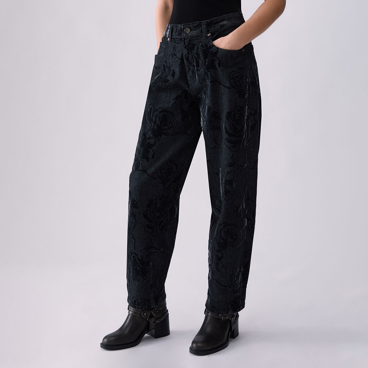 Pantalon ballon avec imprimé floqué denim noir, LIU JO
