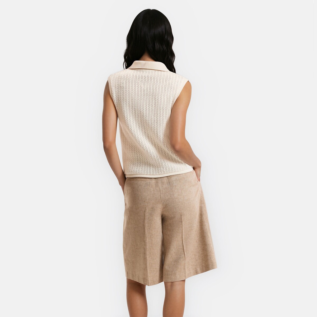 Mouwloze opengewerkte polokraag trui ecru, LA REDOUTE COLLECTIONS