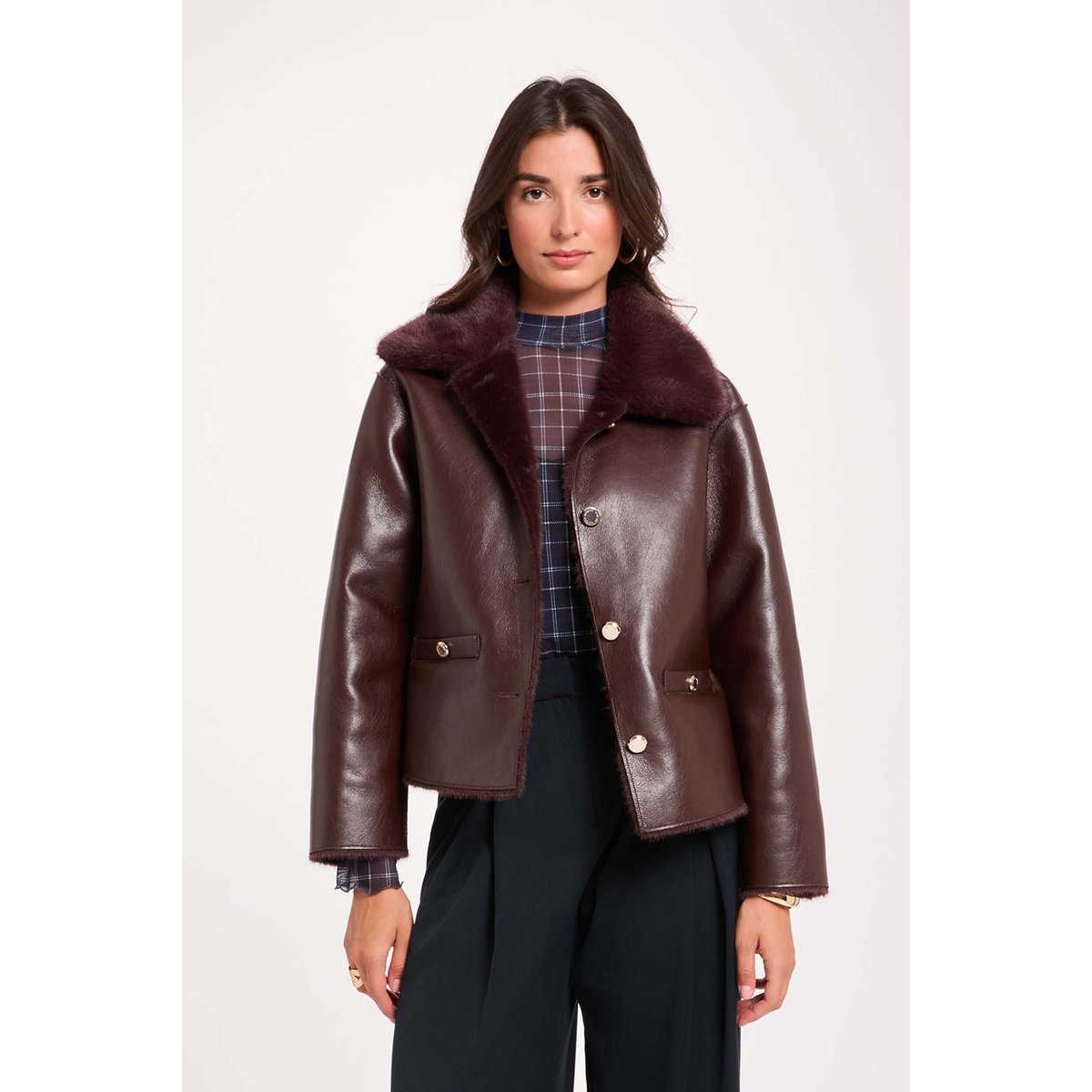 Manteau court col tailleur prune, MORGAN