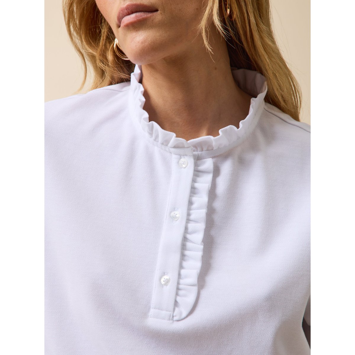 Polo maille piquée col volanté blanc, CYRILLUS
