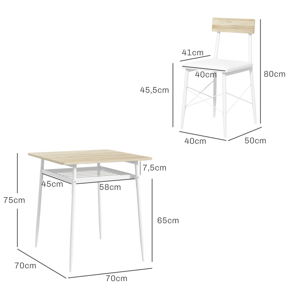 Ensemble de table à manger Acier Chêne chêne, blanc, HOMCOM