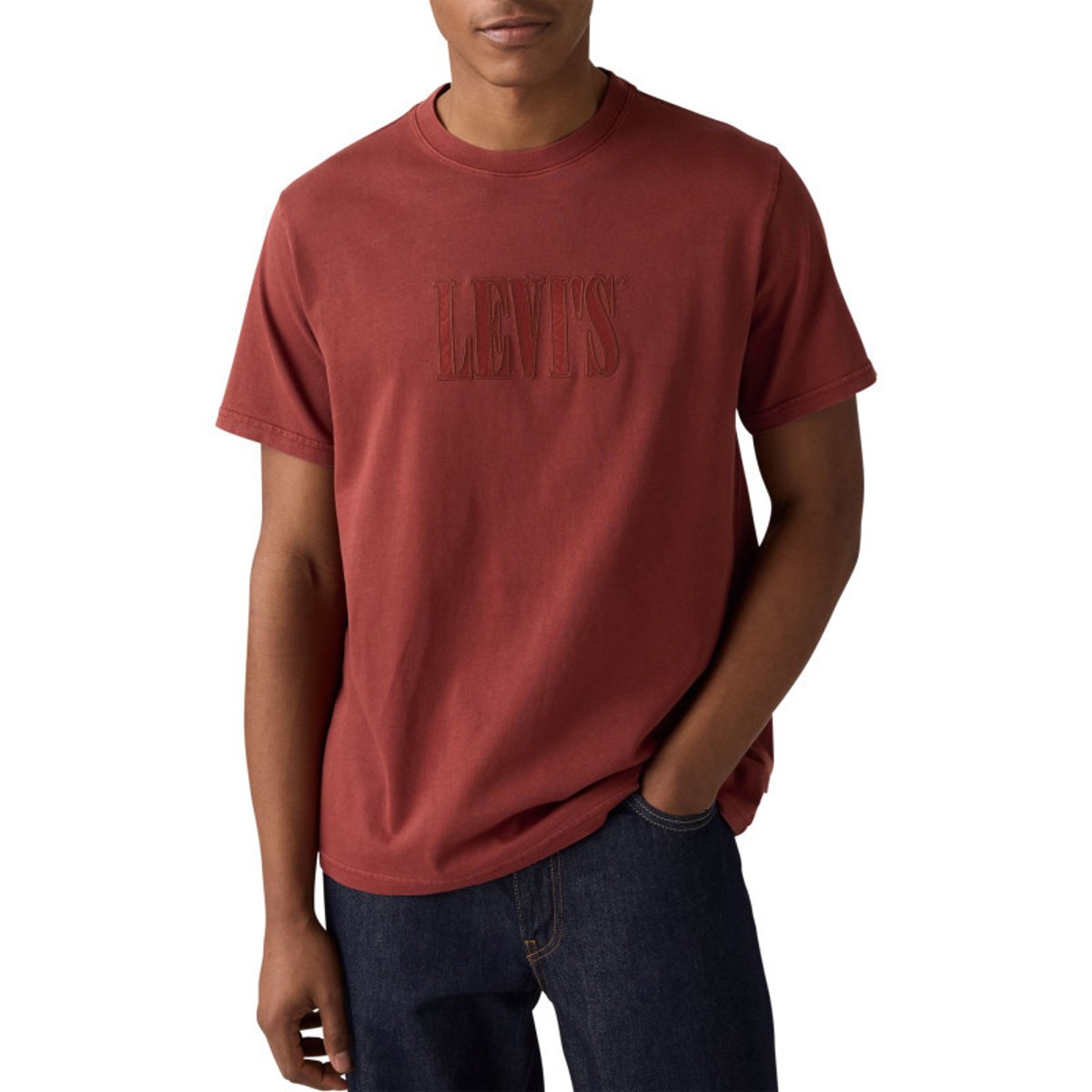 T-shirt en coton bordeaux uni avec une coupe droite et un col rond bordeaux, LEVI'S