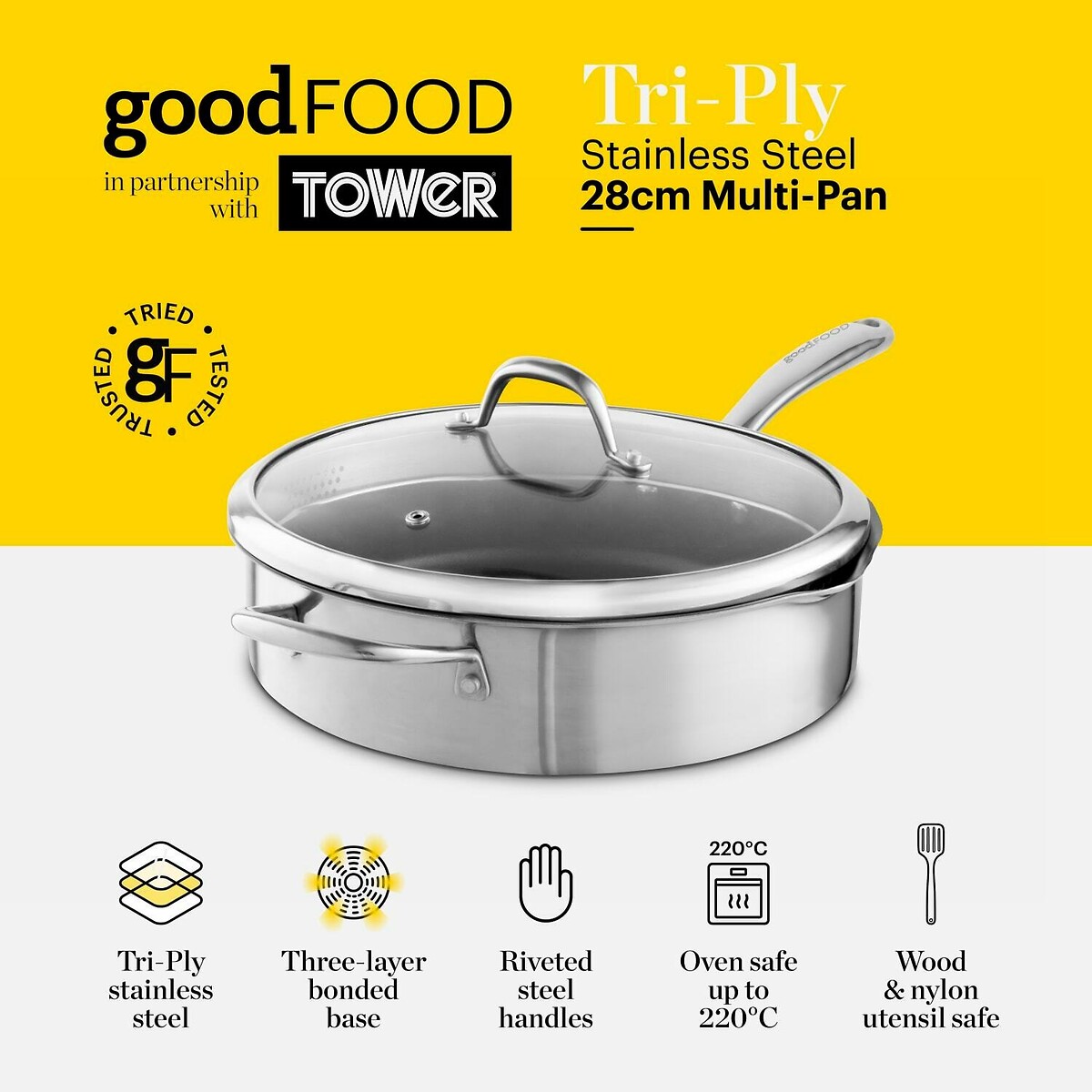 28cm Tri-Ply Multi-Pan with Lid silver-coloured, GOOD FOOD BY TOWER