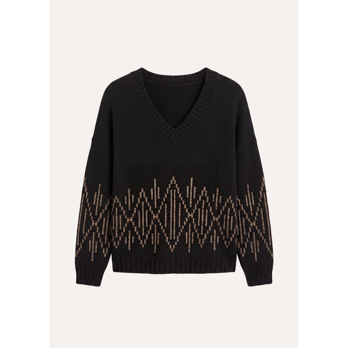 Pull ample manches longues en maille jacquard noir, LA FEE MARABOUTEE