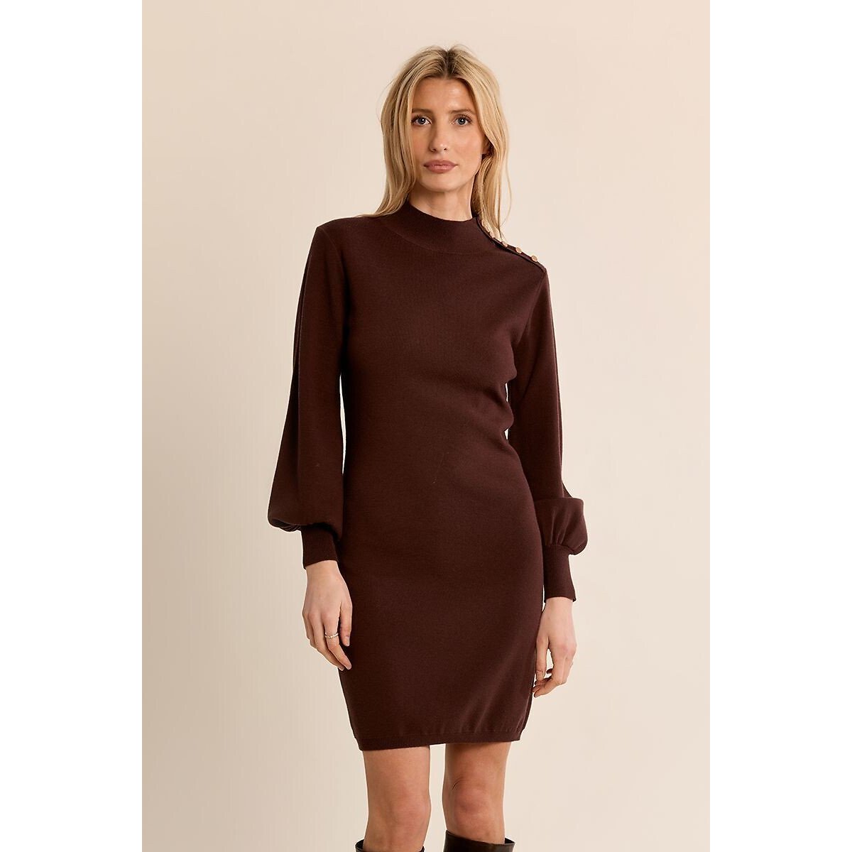Vestido estilo camisola, em malha, mangas balão castanho-chocolate, MOLLY BRACKEN