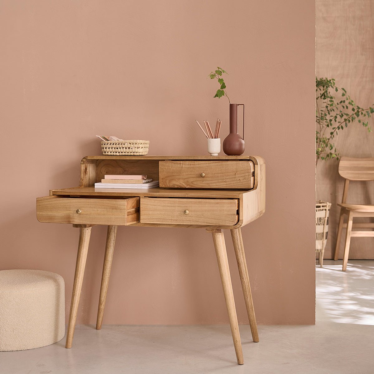 Bureau en bois massif 90 cm 3 tiroirs FIFTIES naturel, BERAH GETAH