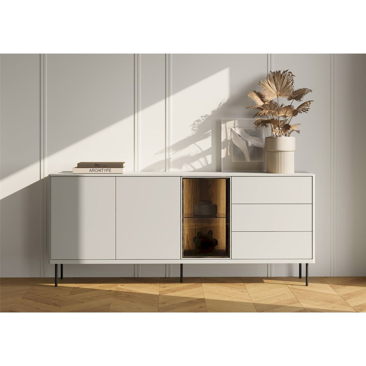 Buffet vitrine lumineux en bois EPIRO gris beige et chêne foncé, RECOLLECTION