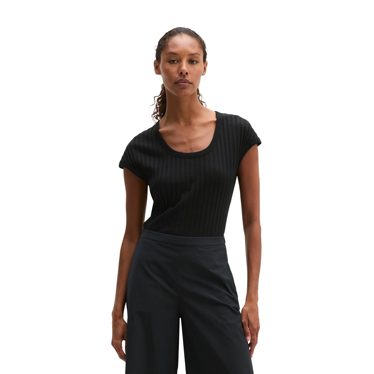 T-shirt Pointelle slim en doux mélange Modal-Organic-Cotton noir, MARC O'POLO