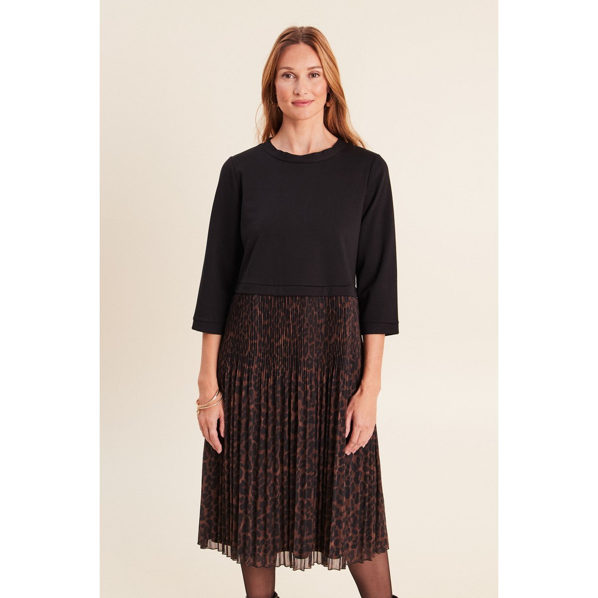 Robe bi-matière évasée col rond marron, BREAL