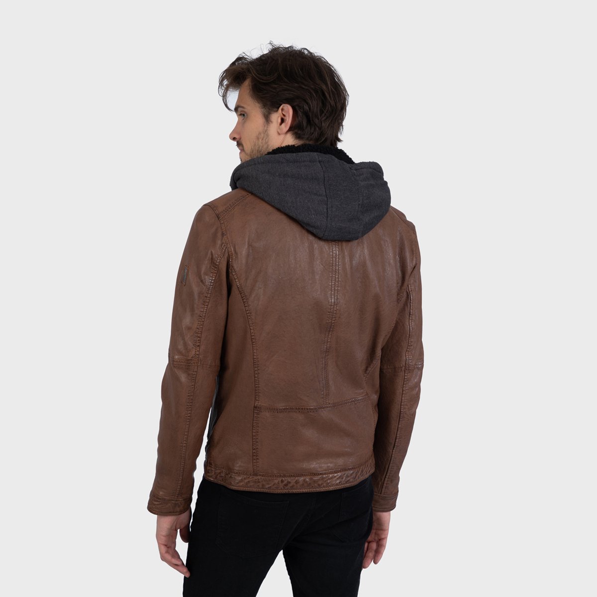 Blouson en cuir à capuche amovible DRINK brun, OAKWOOD
