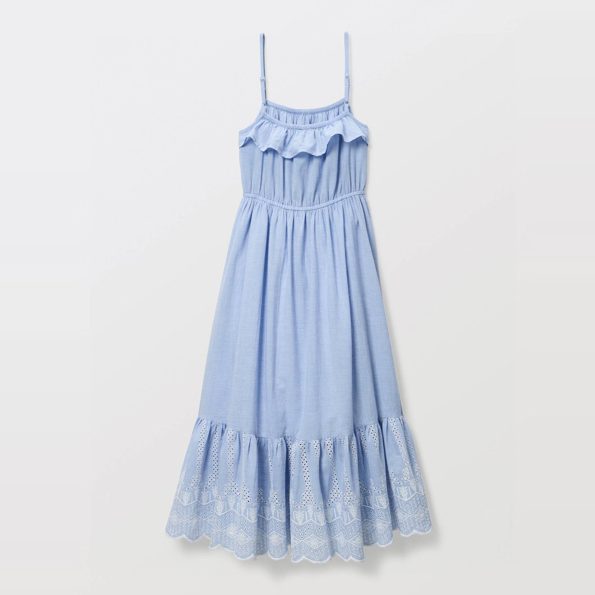 Robe longue à bretelles brodée en coton bleach denim, MONOPRIX