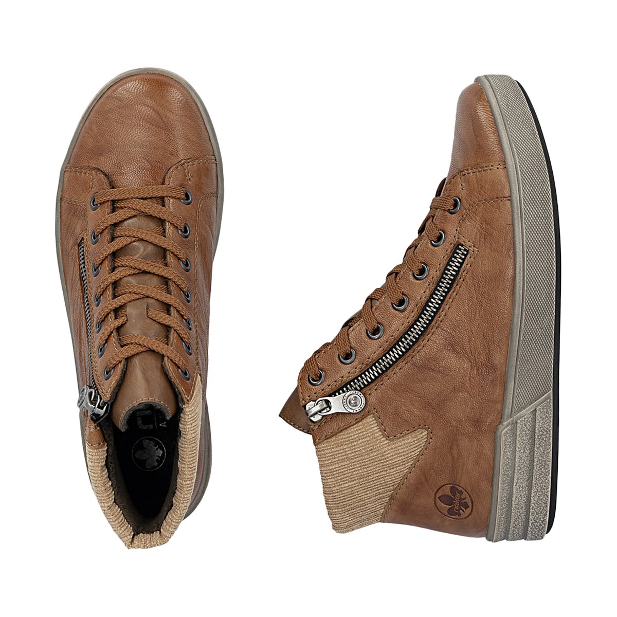 Bottines en cuir cognac à talon plat avec des lacets et un zip latéral cognac, RIEKER