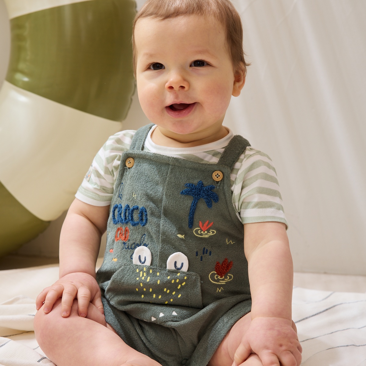 Ensemble salopette bébé en éponge et t-shirt Crocro rigolo kaki, PETIT BEGUIN