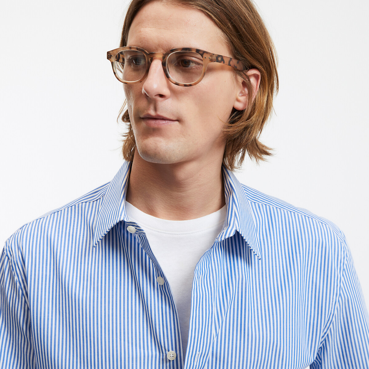 Signatures Striped Cotton Shirt with French Collar, in Slim Fit sky blue striped, LA REDOUTE COLLECTIONS