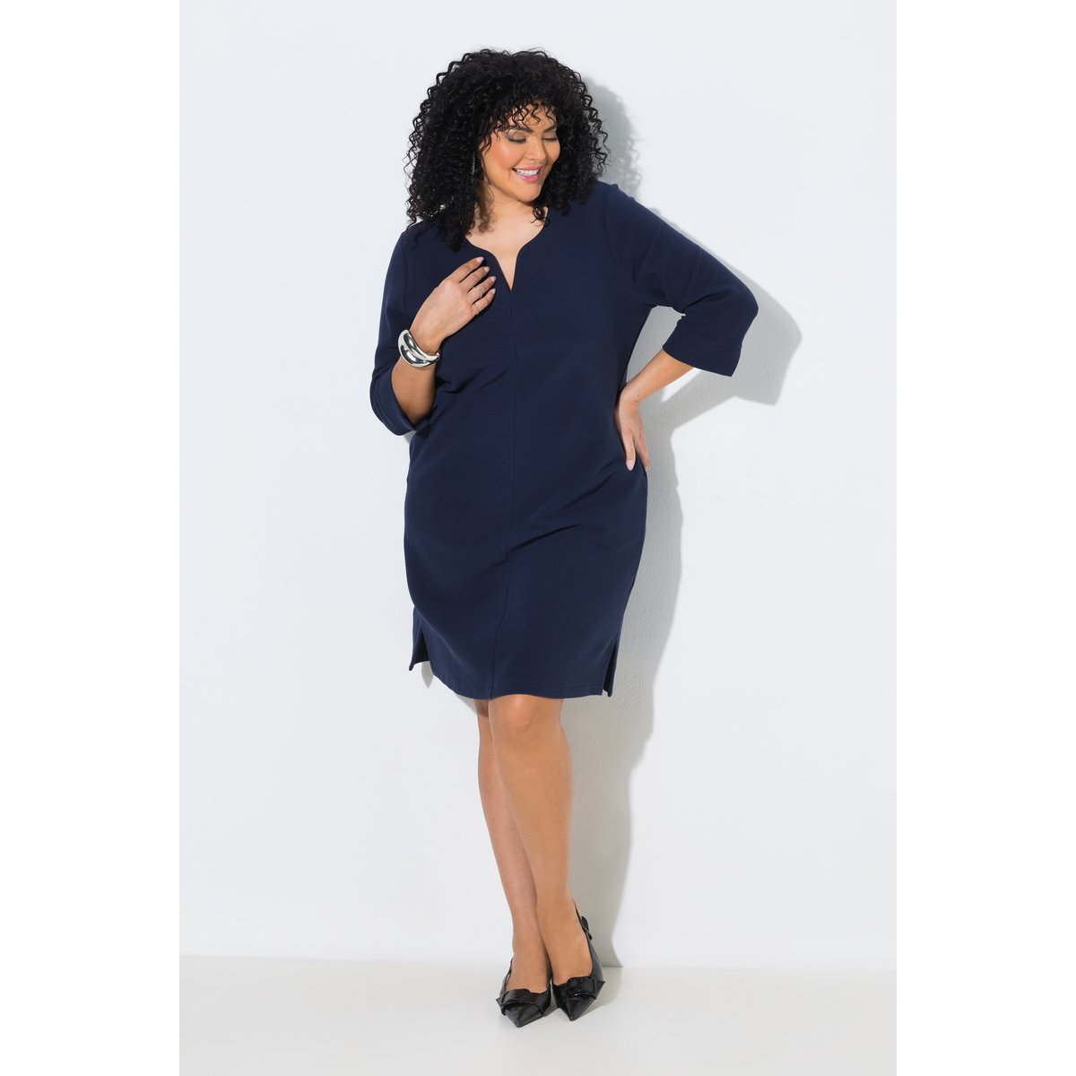 Robe texturée, col tunisien et manches 3/4 marine, ULLA POPKEN