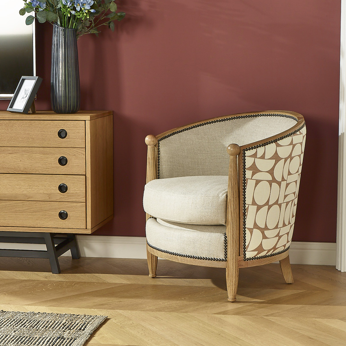 Fauteuil tonneau en chêne, lin et tissu édition limitée CAROLE lin, ROBIN DES BOIS