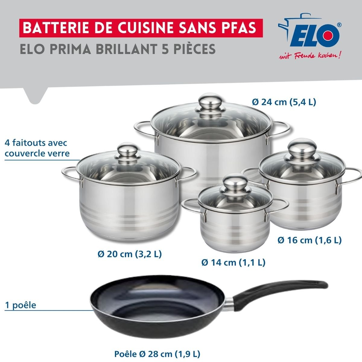 Batterie 1 poêle 28cm + 4 faitouts 14/16/20/24cm PRIMA BRILLANT noir, ELO