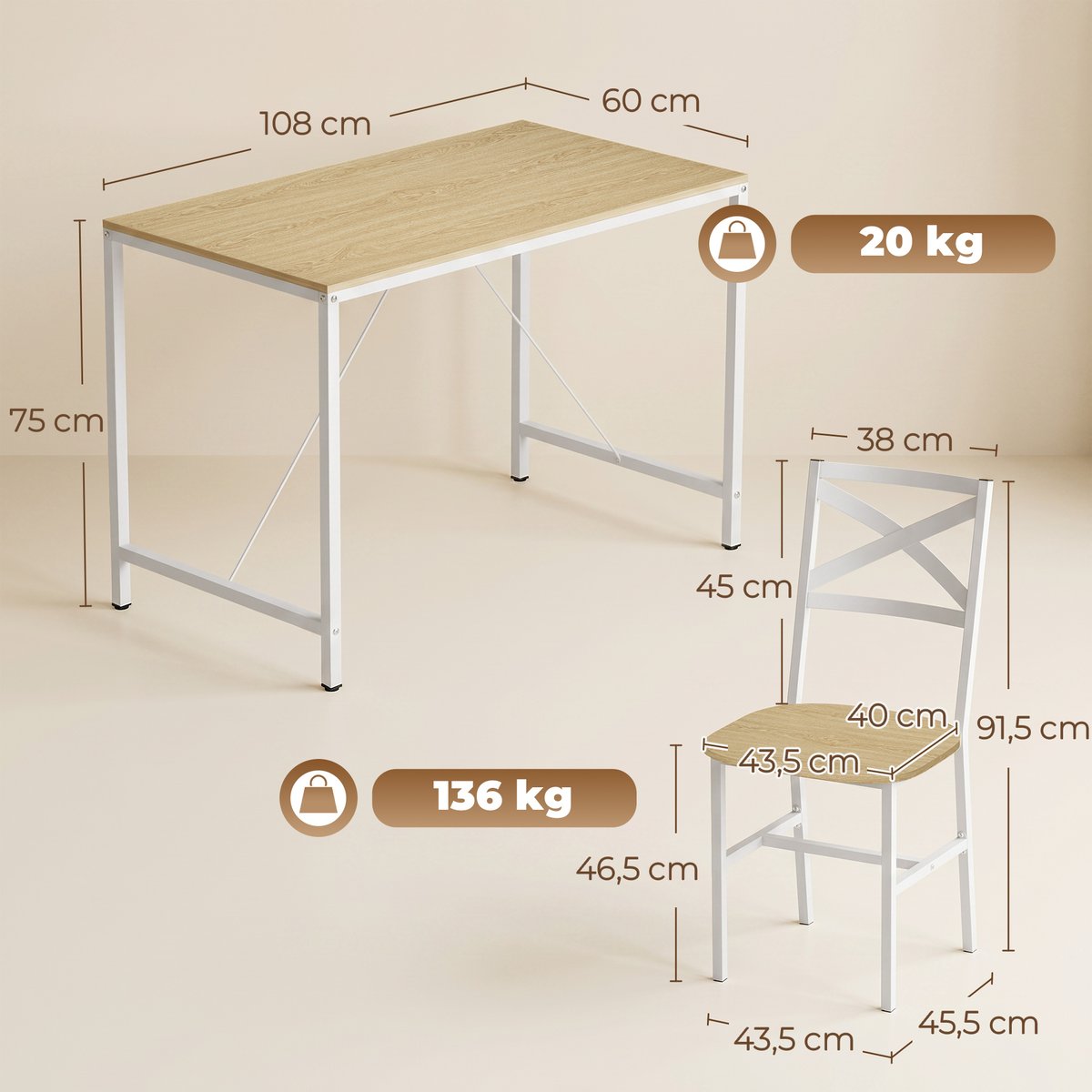 Ensemble de table à manger Panneau de naturel et blanc, HOMCOM