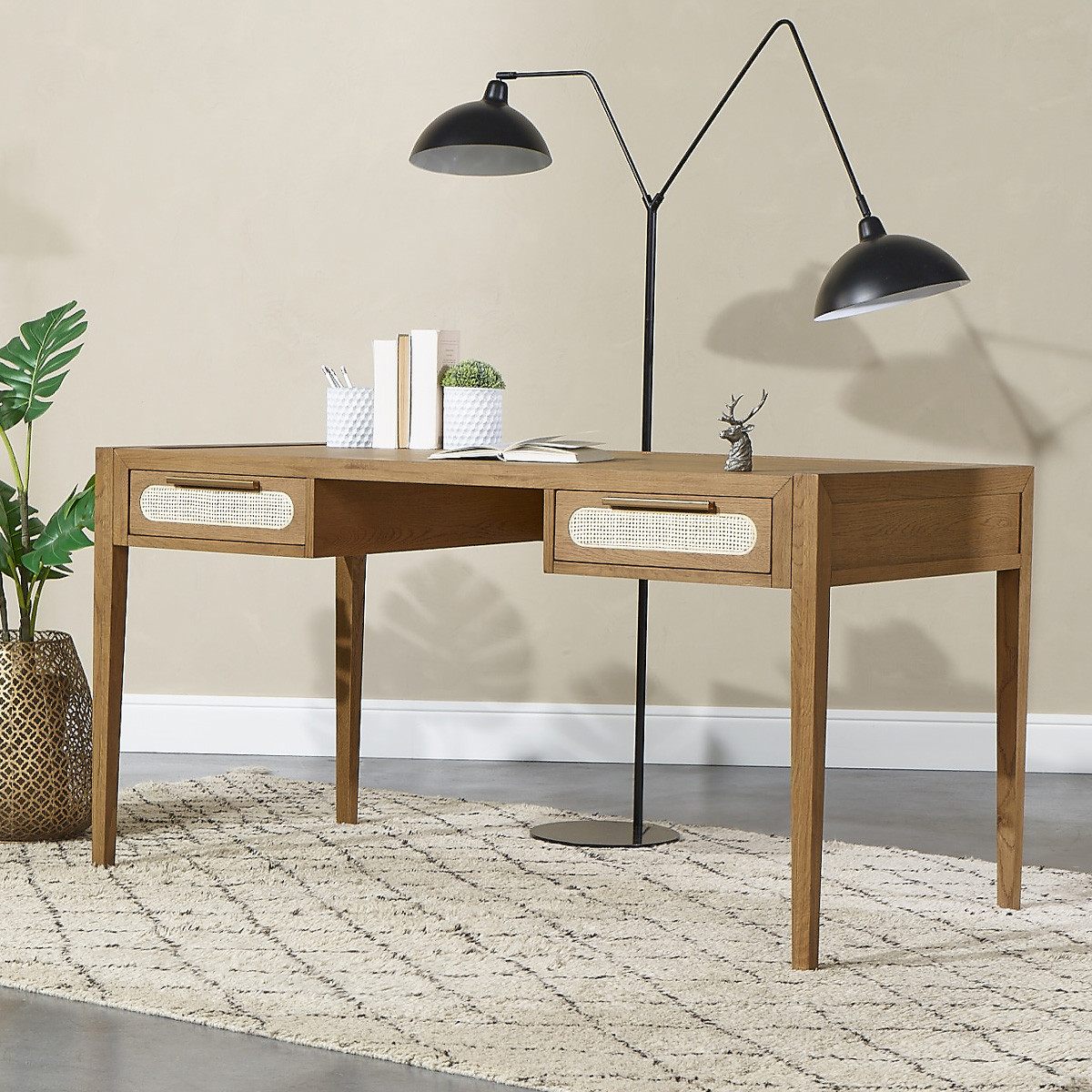 Bureau style contemporain en chêne et cannage, 2 tiroirs MONTANA marron, ROBIN DES BOIS