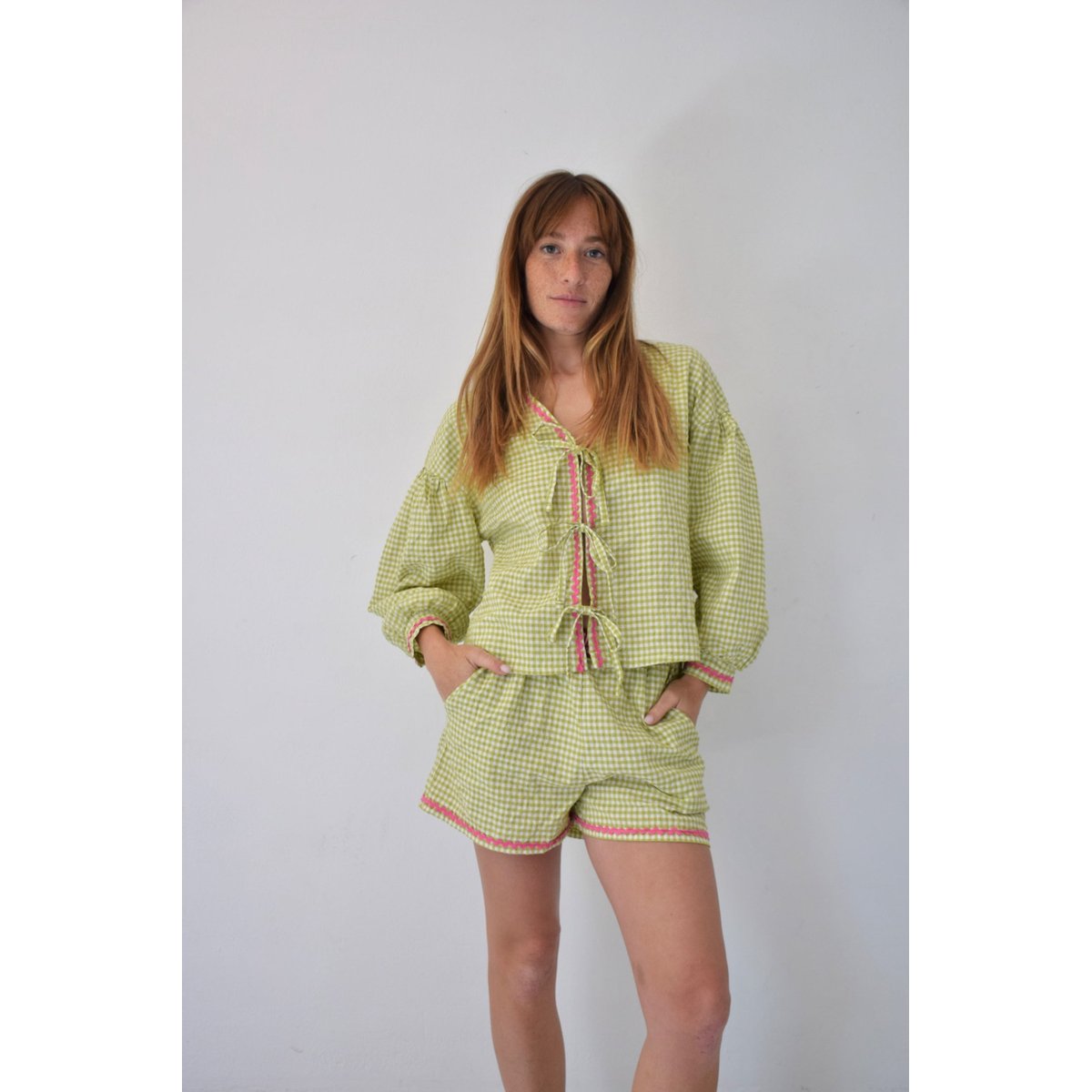 Blouse vichy à nœuds MARTA vert / rose, MINDTRAVELER