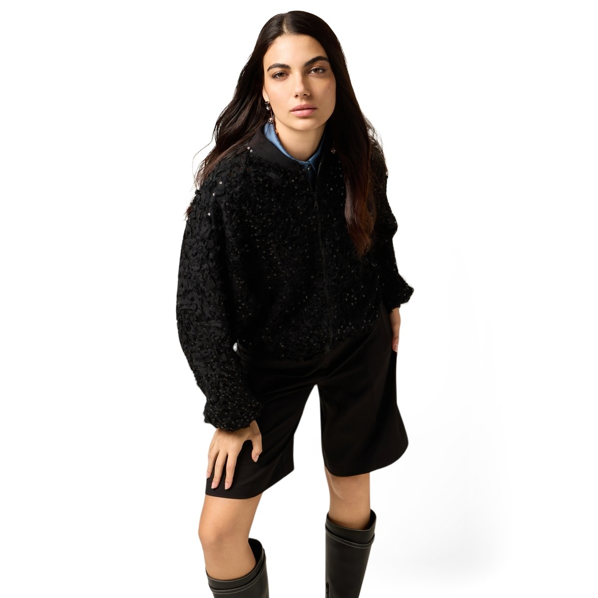 Bomber en tulle et paillettes noir, OLTRE