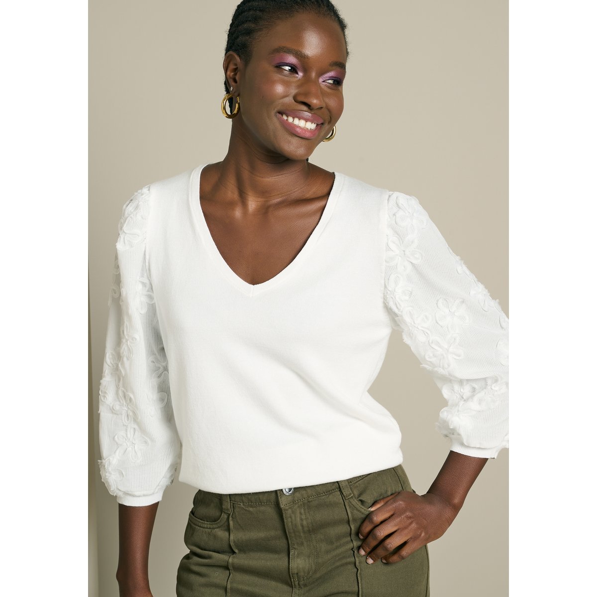 Pull manches texturées blanc casse, LOLALIZA