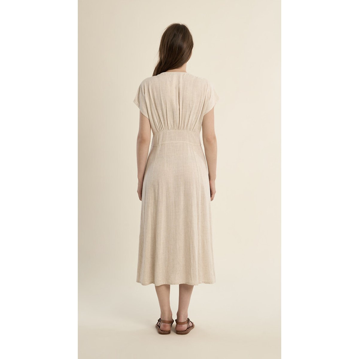 Robe longue manches courtes col V beige, MOLLY BRACKEN