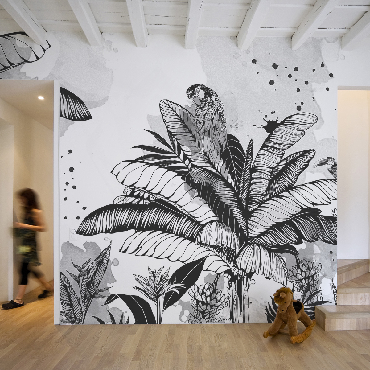 Papier peint panoramique Dans la jungle, Bleu 300 x 250cm noir et blanc, ACTE DECO