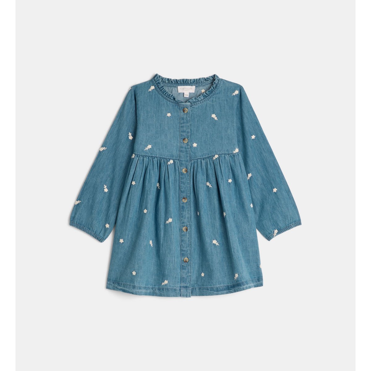 Robe denim évasée tasmine den fleurs coton bleu et écru, CADET ROUSSELLE