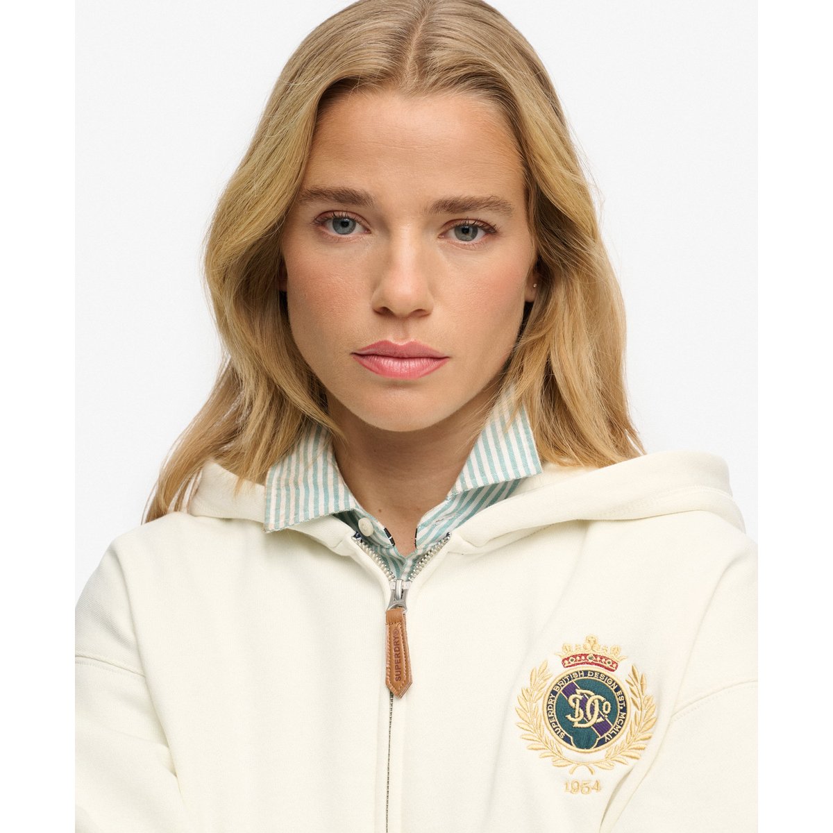 Sweat à capuche zippé Country Club blanc cassé, SUPERDRY