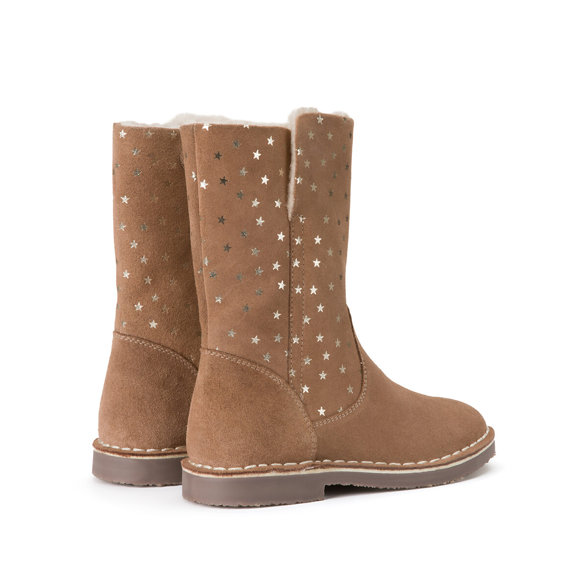 Kids Suede Calf Boots in Star Print with Zip Fastening camel, LA REDOUTE COLLECTIONS