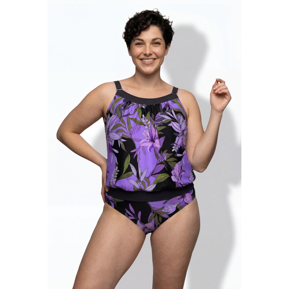 Tankini motif lys, bonnets souples noir, ULLA POPKEN