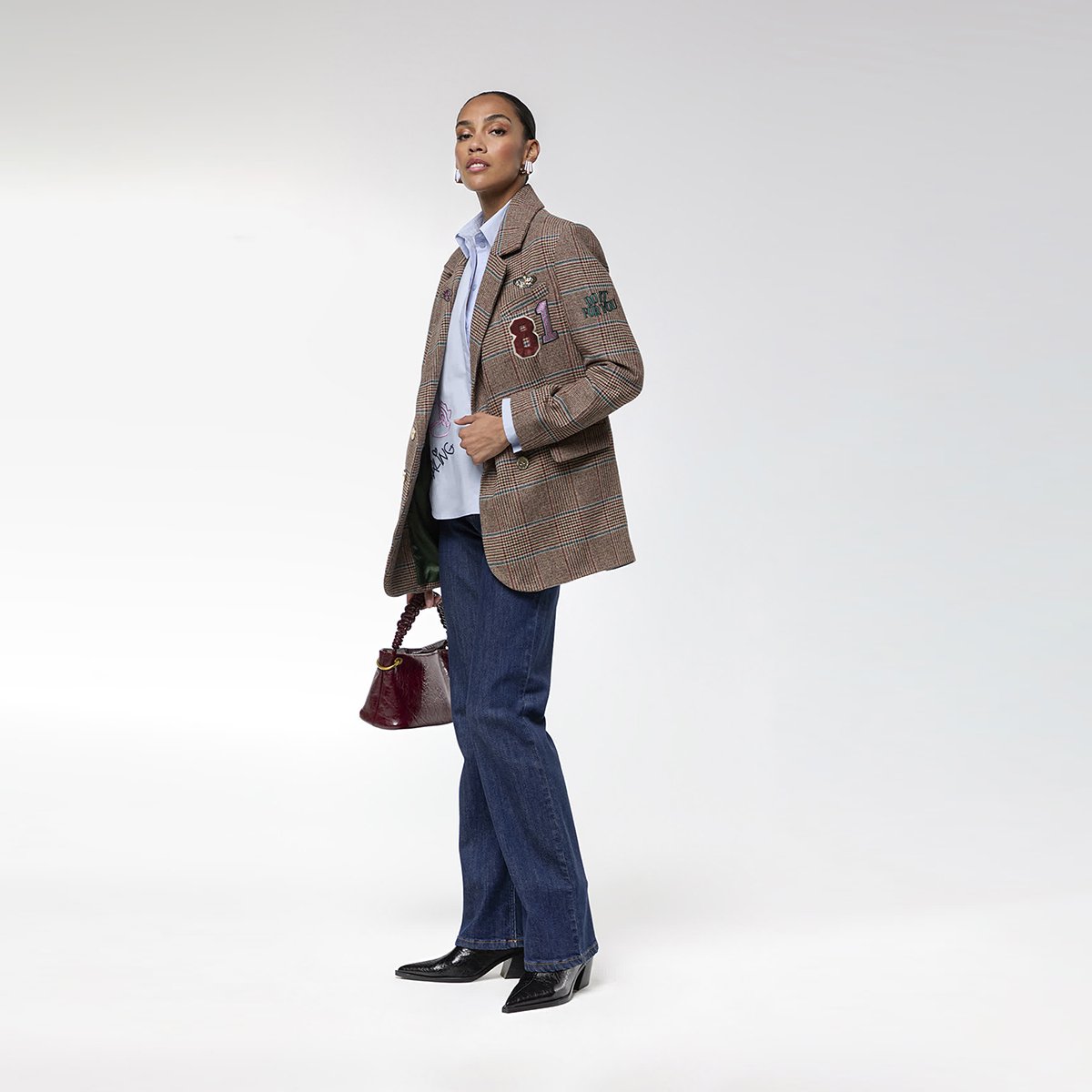 Blazer à patches carreaux double boutonnage marron, LOLA CASADEMUNT