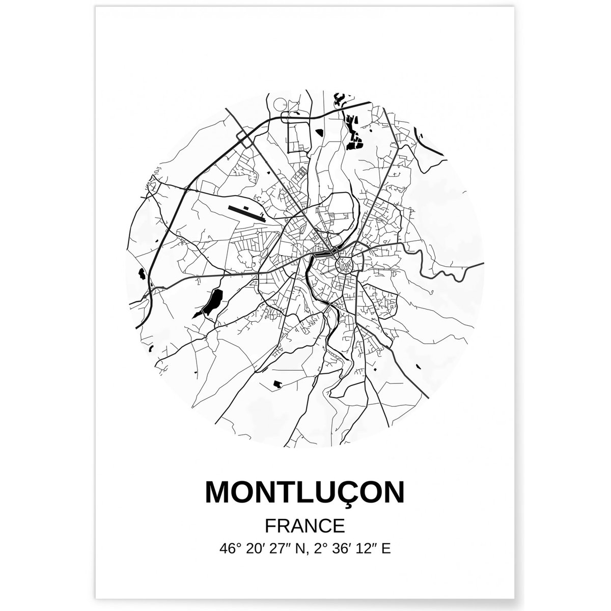 Affiche Carte Montluçon blanc, L'AFFICHERIE