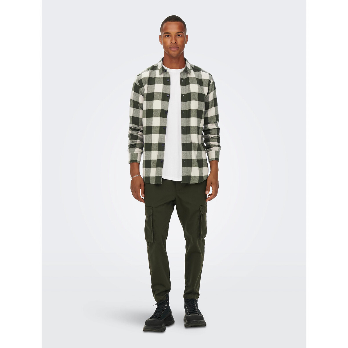 Chemise coupe droite carreaux vert/écru, ONLY & SONS