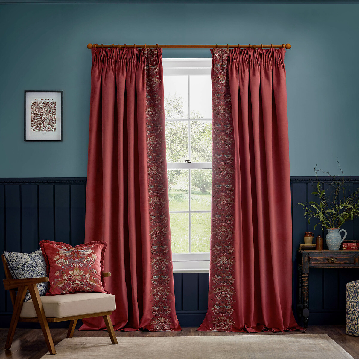 Strawberry Thief Embroidered Pencil Pleat Curtains berry, MORRIS & CO.