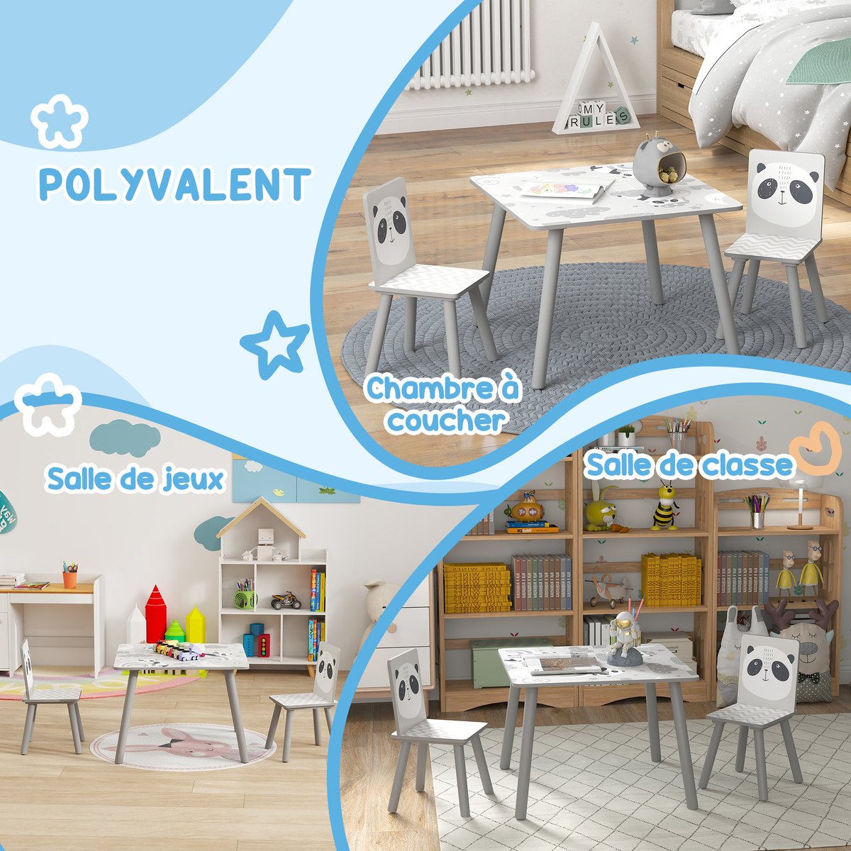 Ensemble table et chaises pour enfants MDF gris, blanc, motif panda, ZONEKIZ
