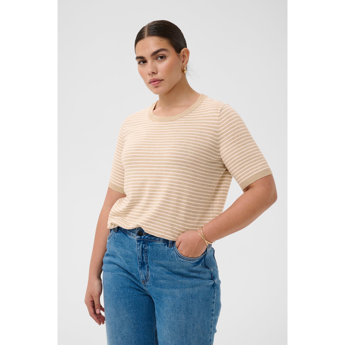 Pullover tricoté beige blanc feather mel/chalk fine stripe, KAFFE CURVE