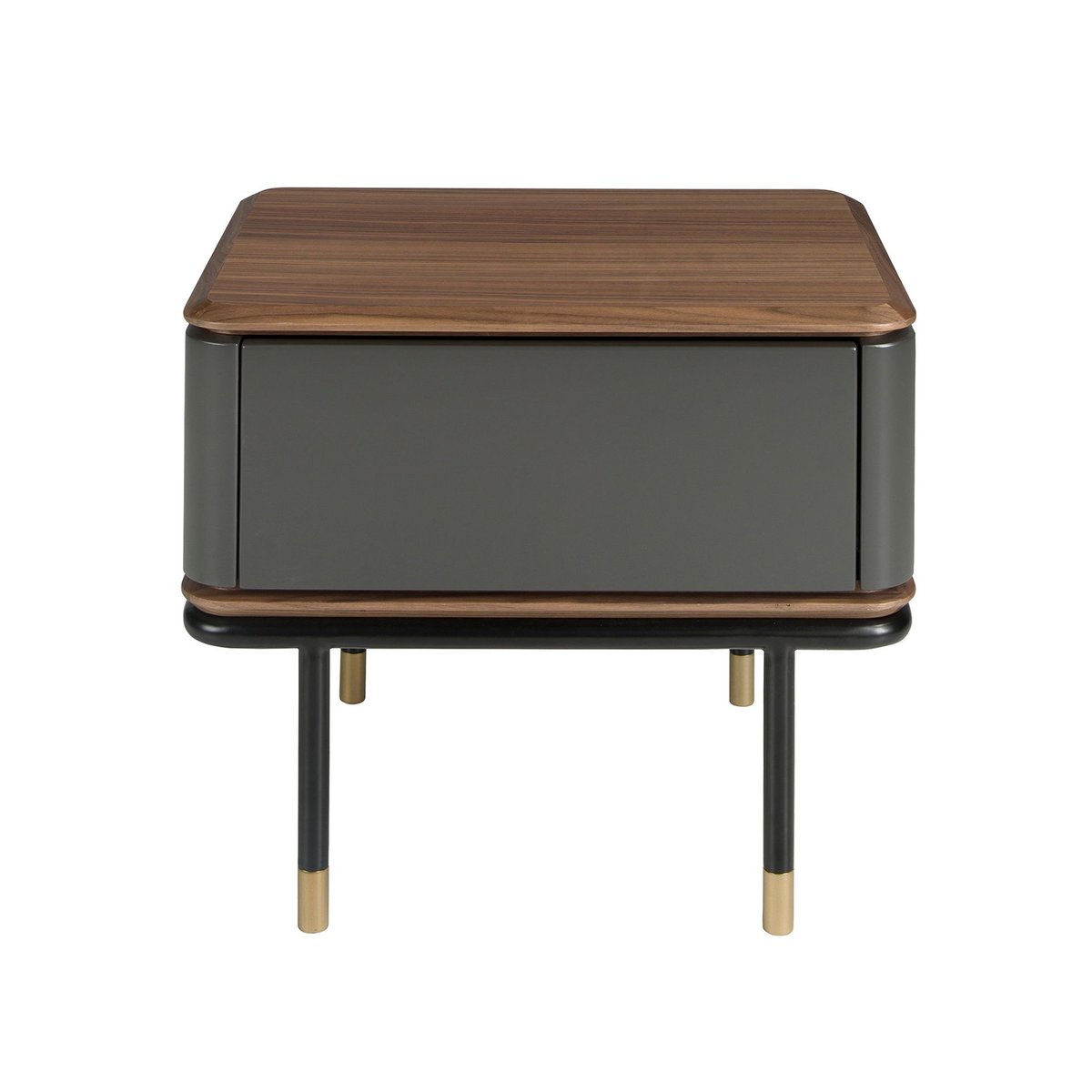 Table de nuit en bois gris foncé mat, acier noir et plateau en noyer gris foncé | noyer | or, ANGEL CERDA