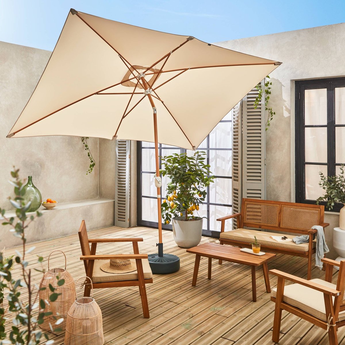 Parasol mât central rectangulaire 2x3m, mât effet bois TOUQUET turquoise, SWEEEK
