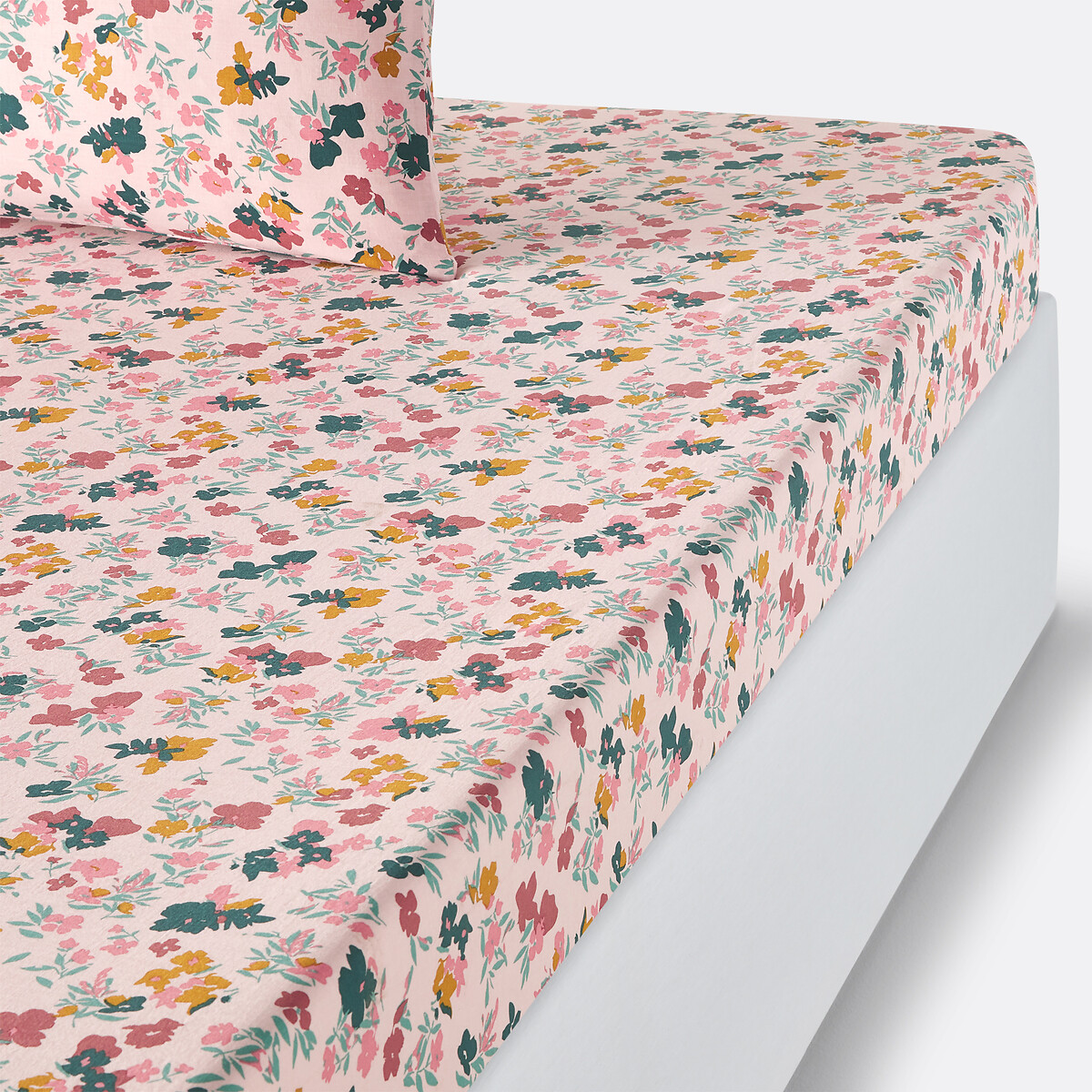 Drap housse coton lavé, Callas imprimé fond rose, LA REDOUTE INTERIEURS