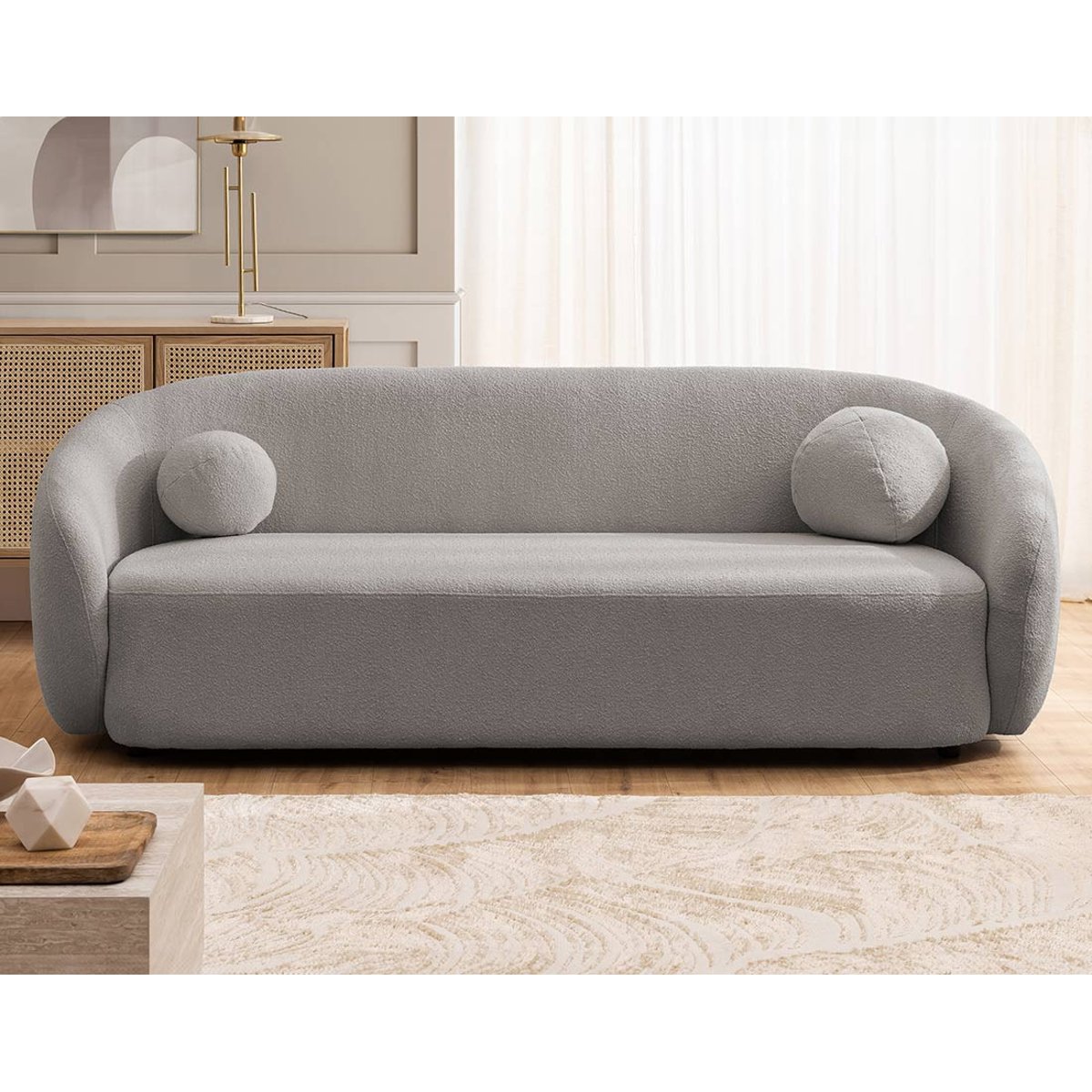 Flore - Canapé droit 3 places en tissu bouclette gris, BEST MOBILIER