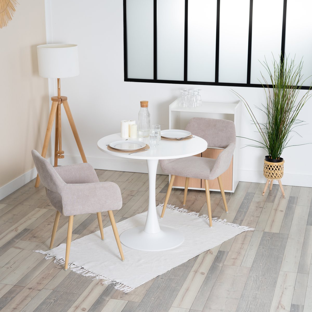 Ensemble de table à manger ronde avec 2 chaises, CLIFTWHITESET blanc et beige, MEUBLES COSY