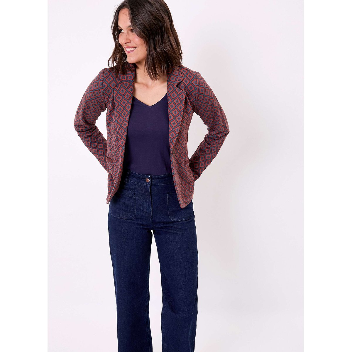 Blazer souple en maille jacquard recyclée ANATOLIE marron bleu solange, PRINCESSE NOMADE
