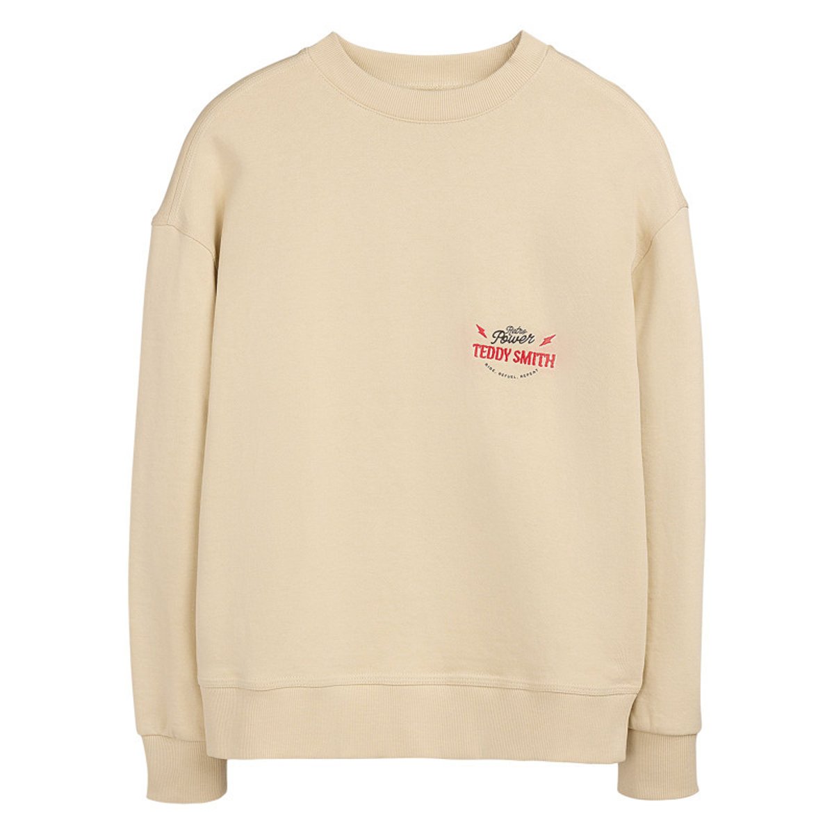 Sweat en coton beige imprimé à la poitrine et au dos avec un col rond beige, TEDDY SMITH