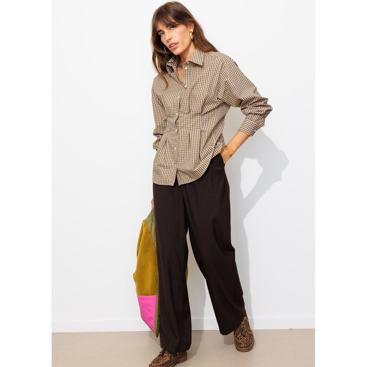 Chemise cintrée à carreaux carreaux marron, PROMOD