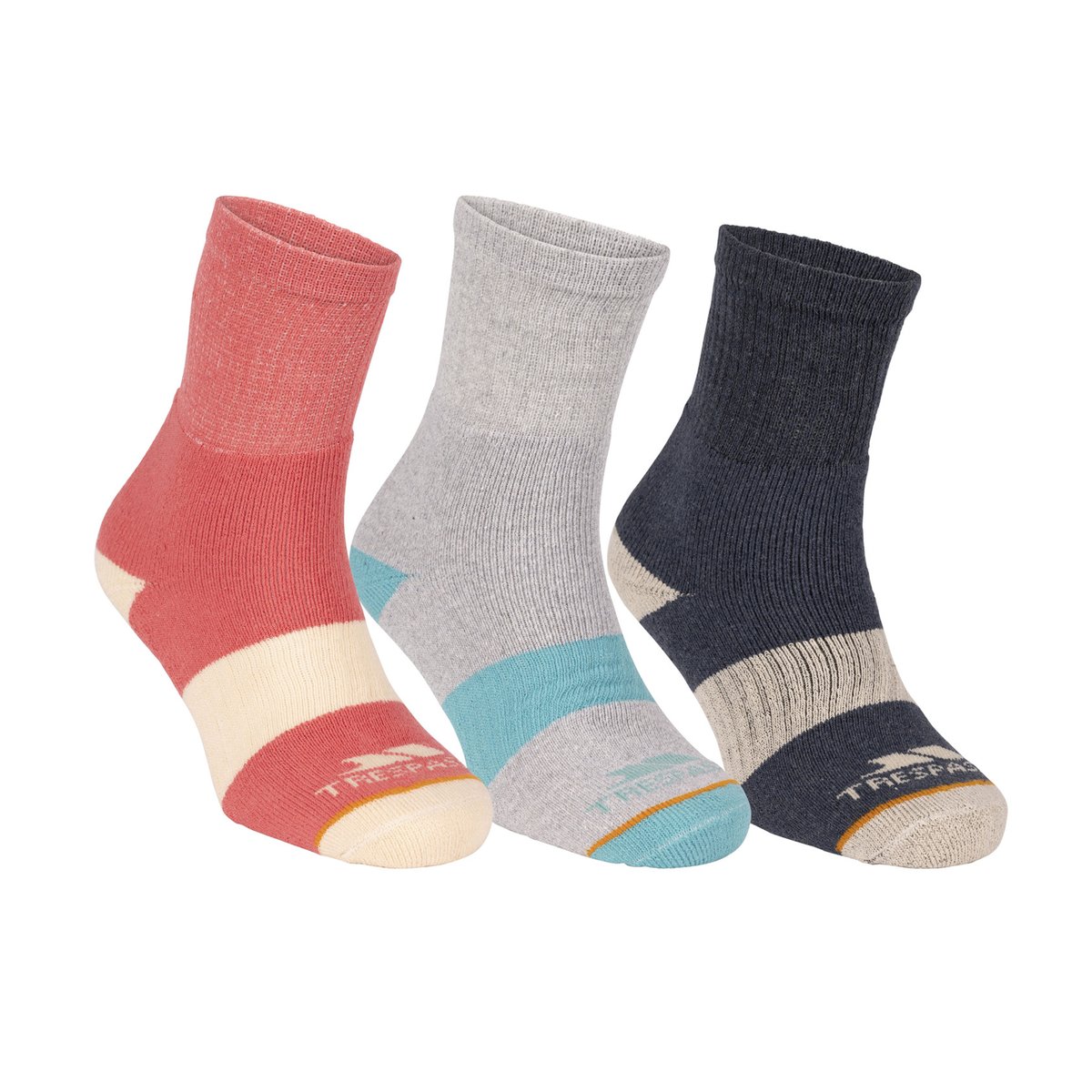Lot de 5 paires de chaussettes mi-hautes bicolores WENDALL bleu indigo / gris chiné / rose, TRESPASS