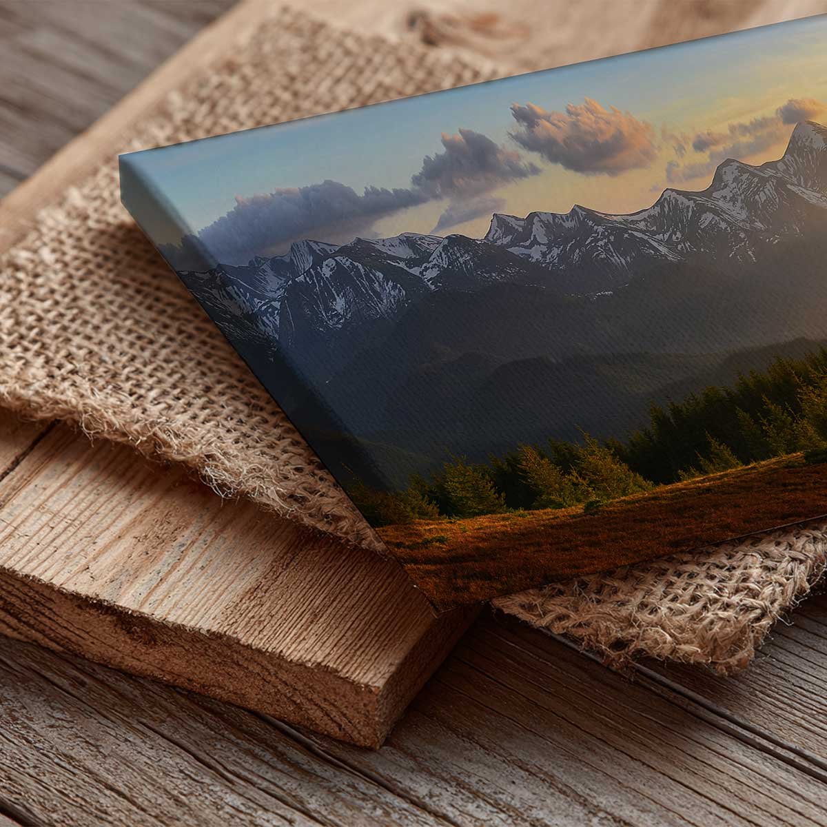 Tableau panoramique lever de soleil forêts et montagnes toile imprimée, HEXOA