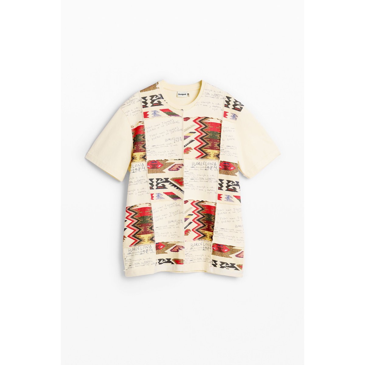 T-shirt à imprimé ethnique beige, DESIGUAL
